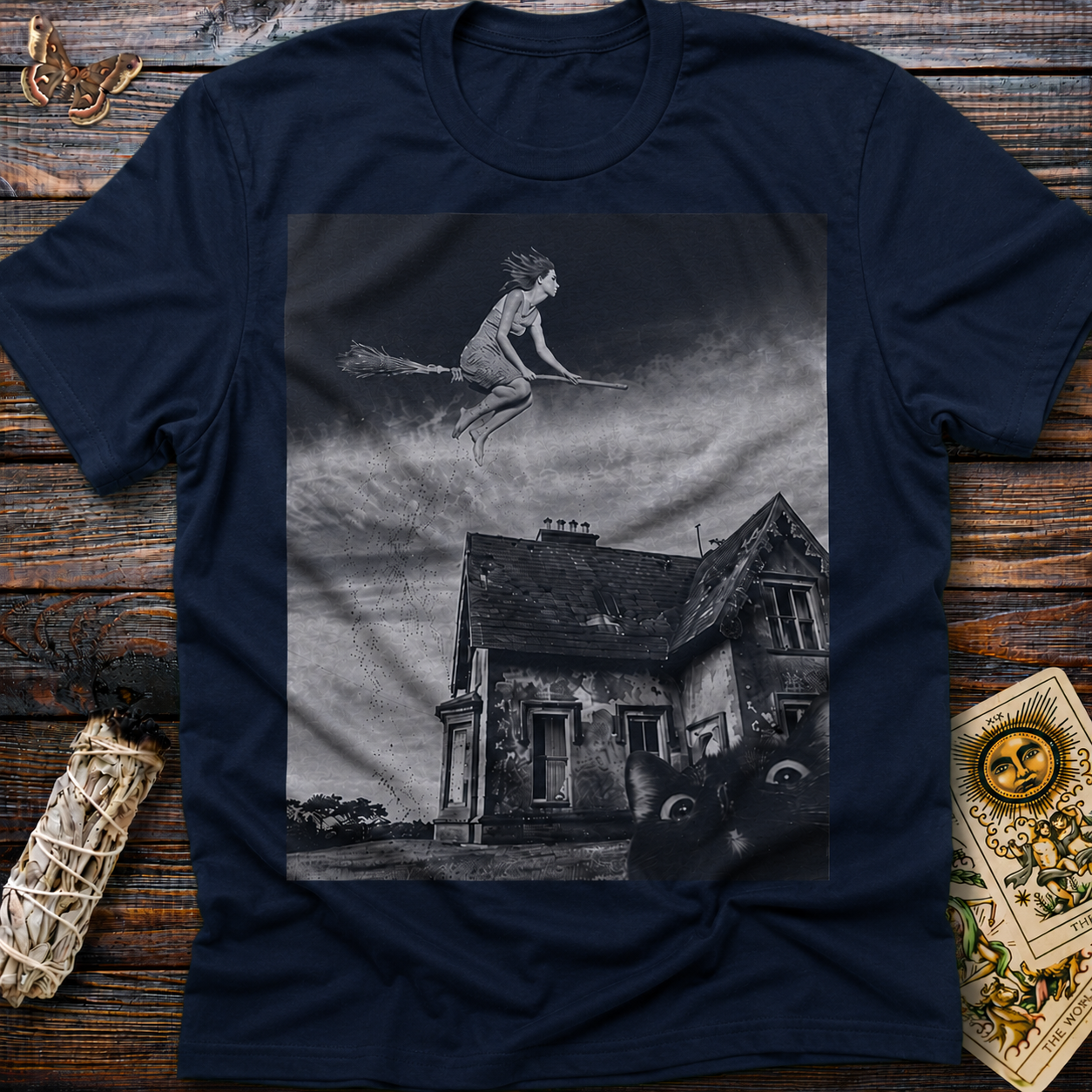 Black Cat Watching Witch Soar on Broom