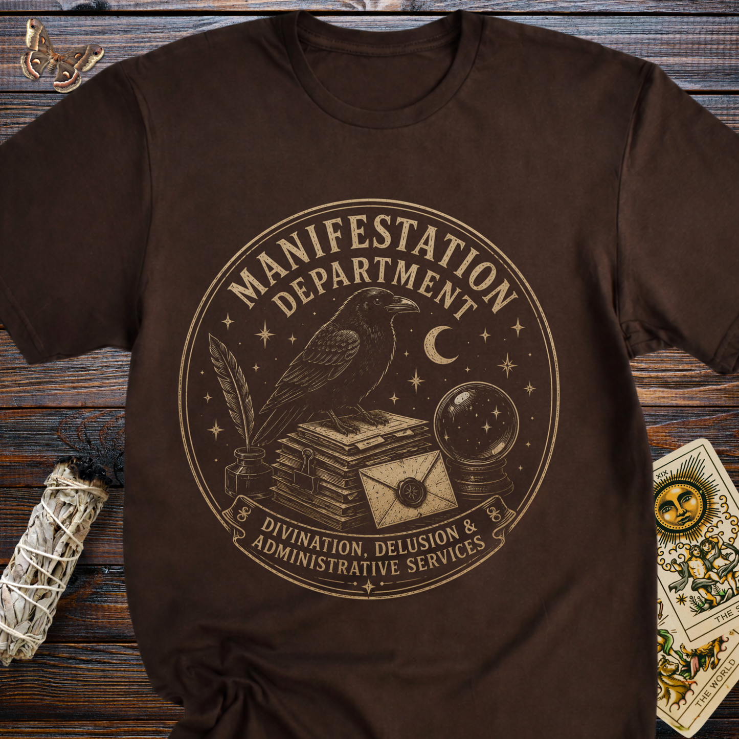 Manifestation Department Witch Shirt | Raven & Crystal Ball Graphic Tee for Women