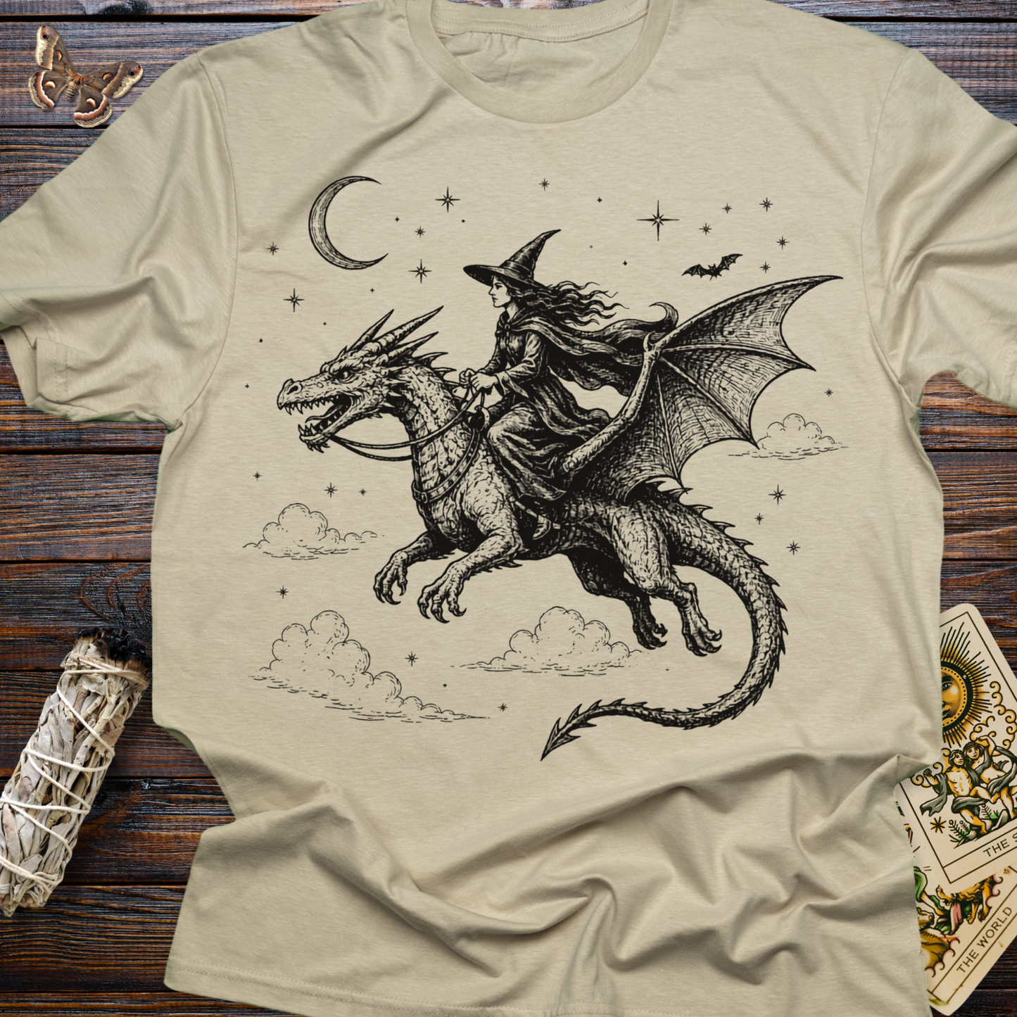 Witch Riding Dragon T-Shirt | Fantasy Witchcore Gothic Dragon Rider Tee