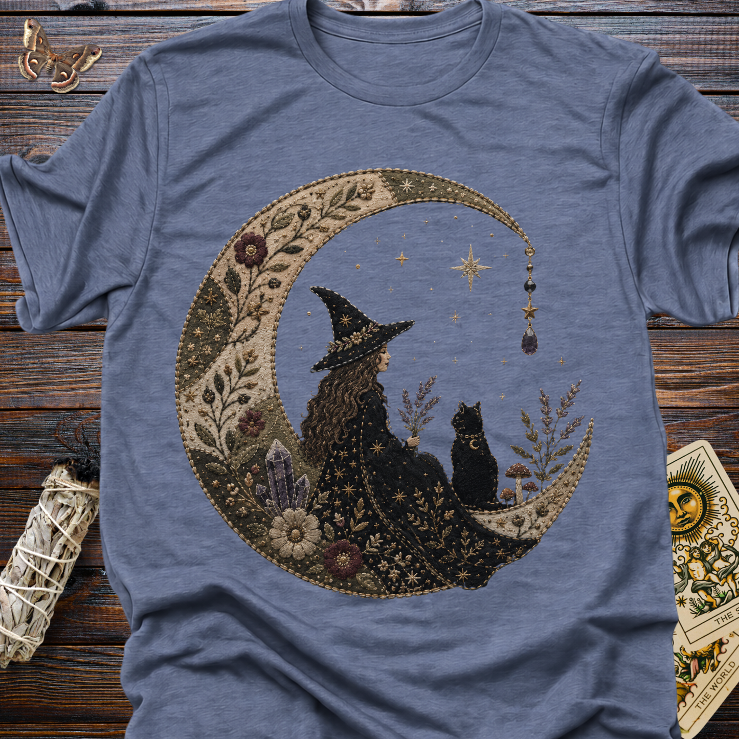 Faux Embroidered Moon Witch & Black Cat T-Shirt | Witchcore Celestial Graphic Tee