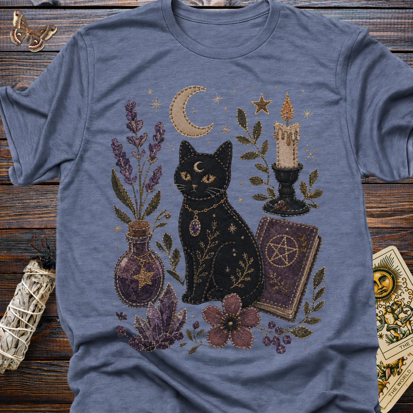 Faux Embroidery Black Cat Witch Shirt | Witchy Cat & Crystal Graphic Tee