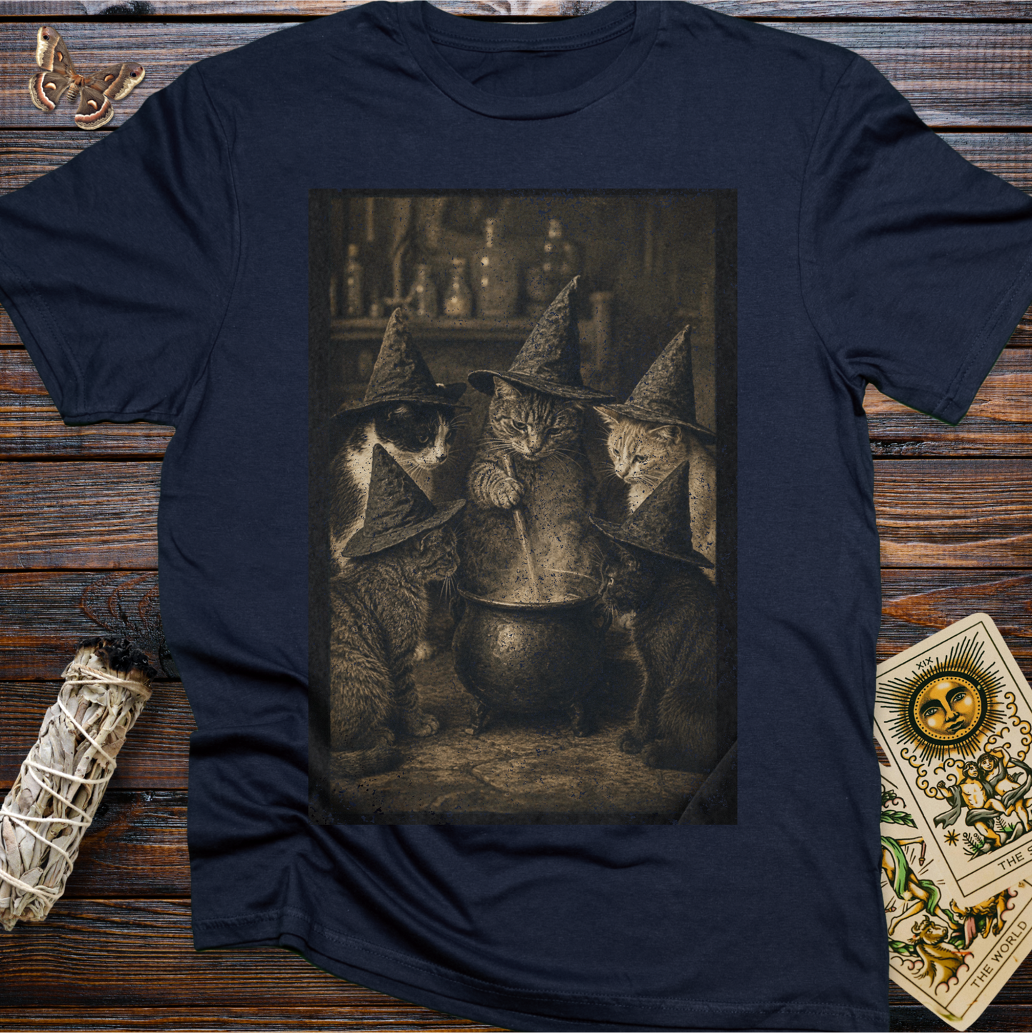 Witch Cats Around a Cauldron Shirt | Vintage Witchy Cat Familiar Graphic Tee