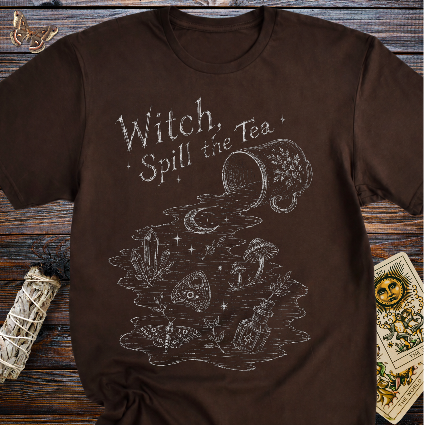 Witch Spill the Tea T-Shirt | Funny Witchy Crystal Mushroom Graphic Tee for Women