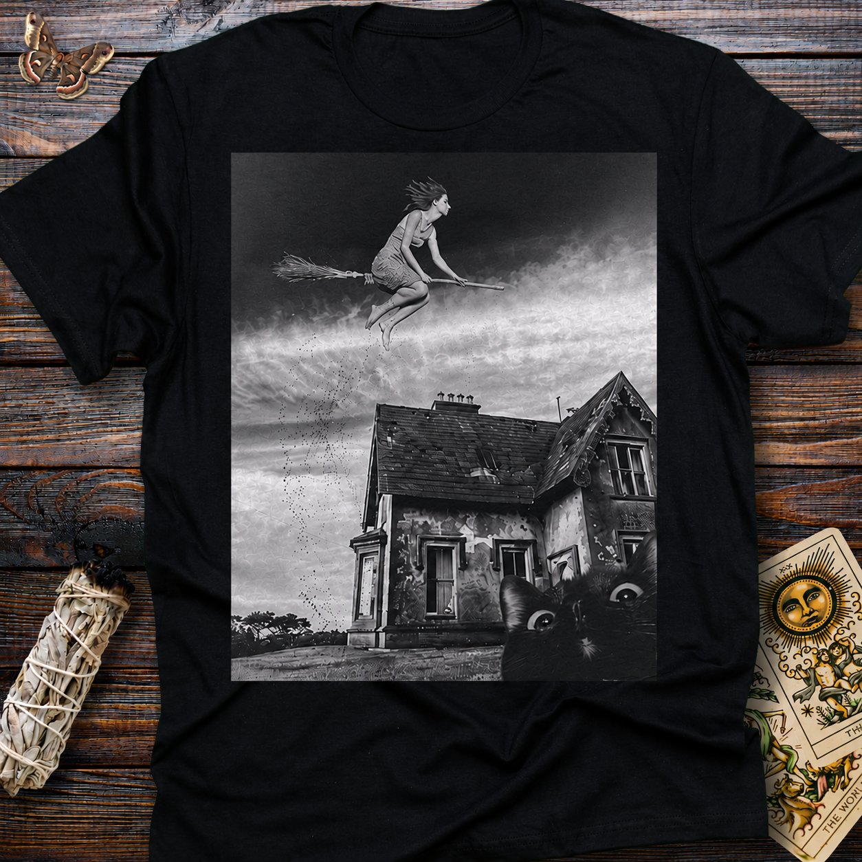 Black Cat Watching Witch Soar on Broom