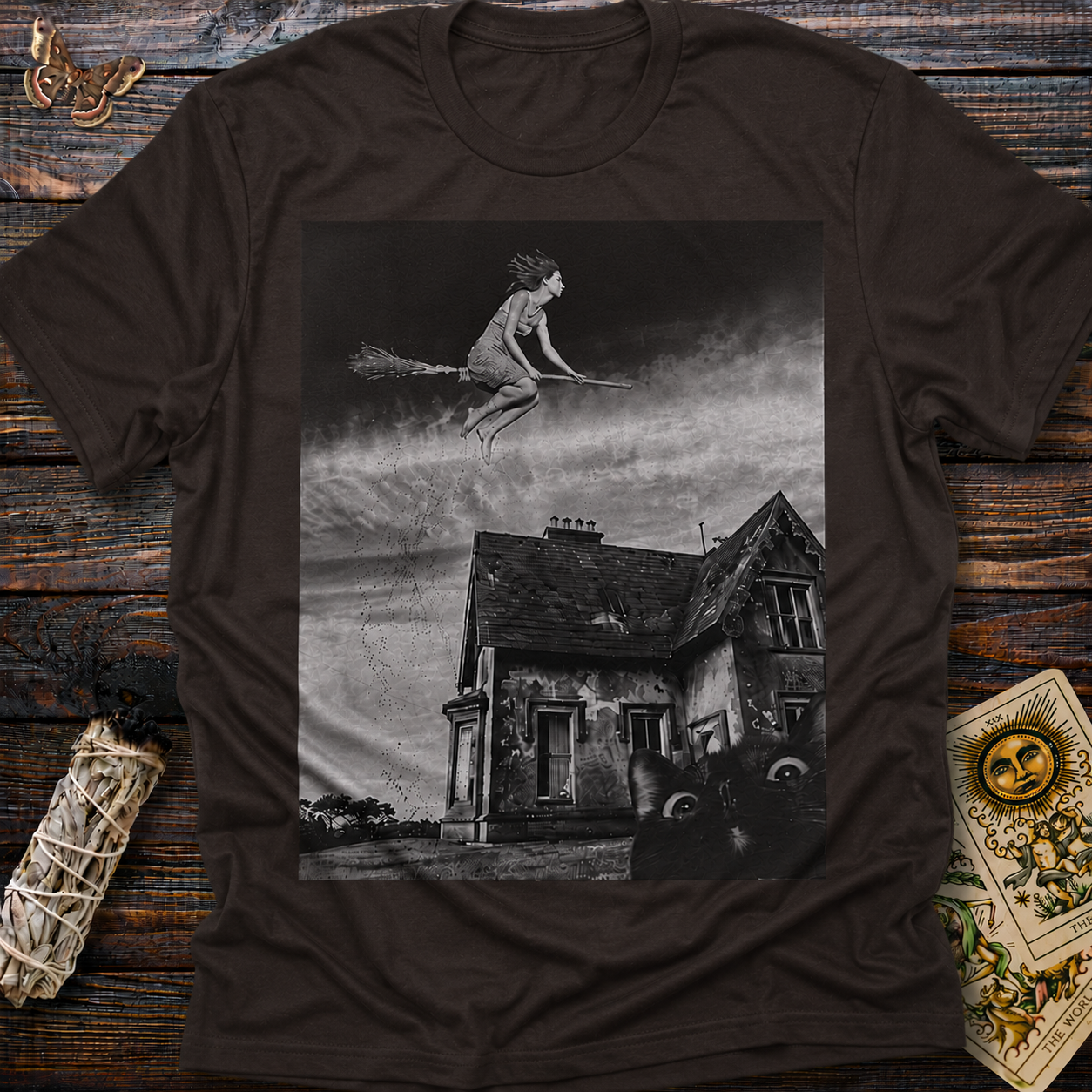 Black Cat Watching Witch Soar on Broom