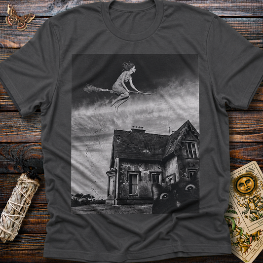 Black Cat Watching Witch Soar on Broom