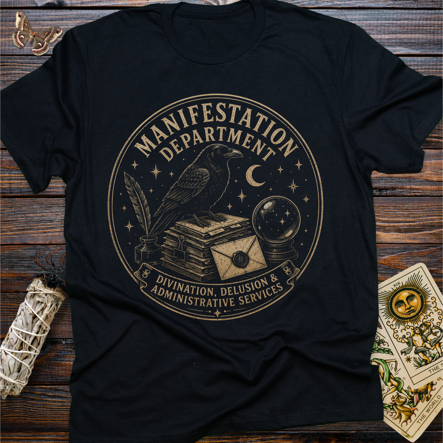 Manifestation Department Witch Shirt | Raven & Crystal Ball Graphic Tee for Women
