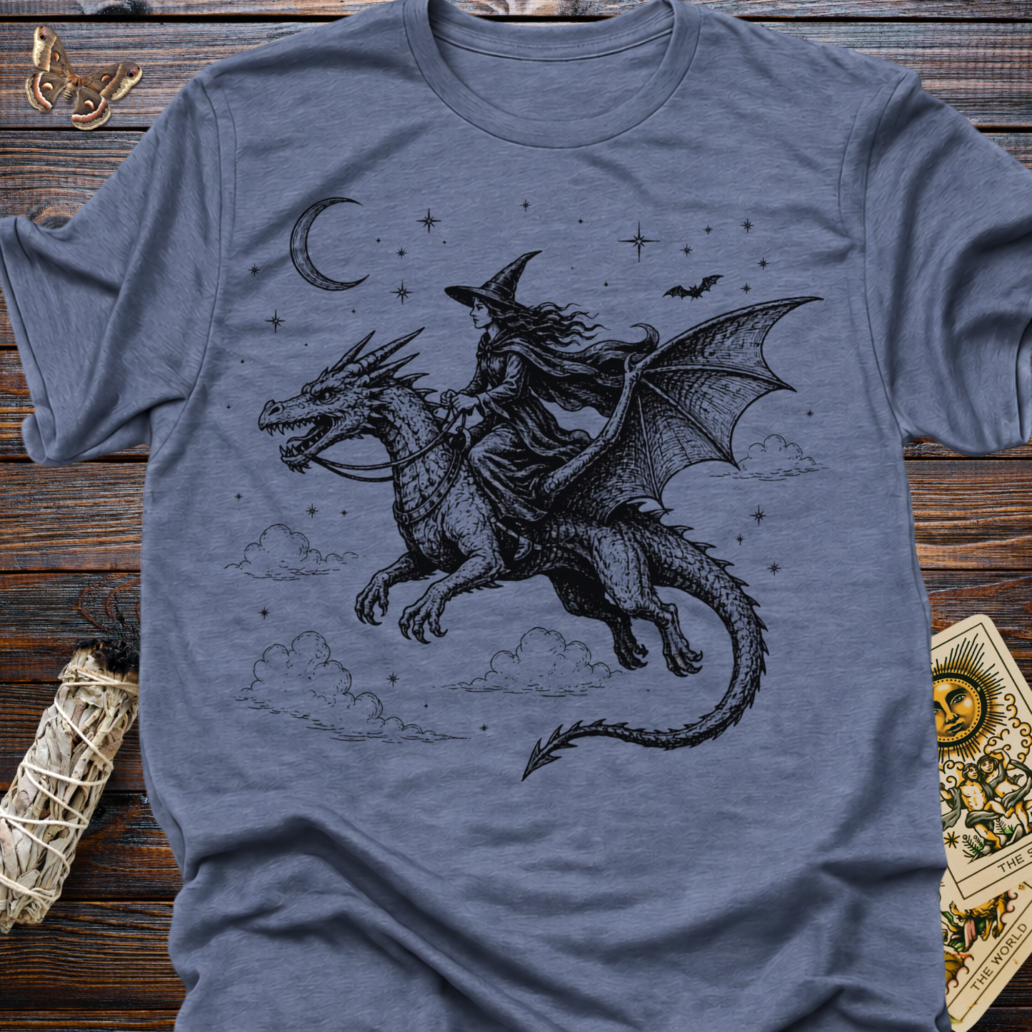 Witch Riding Dragon T-Shirt | Fantasy Witchcore Gothic Dragon Rider Tee
