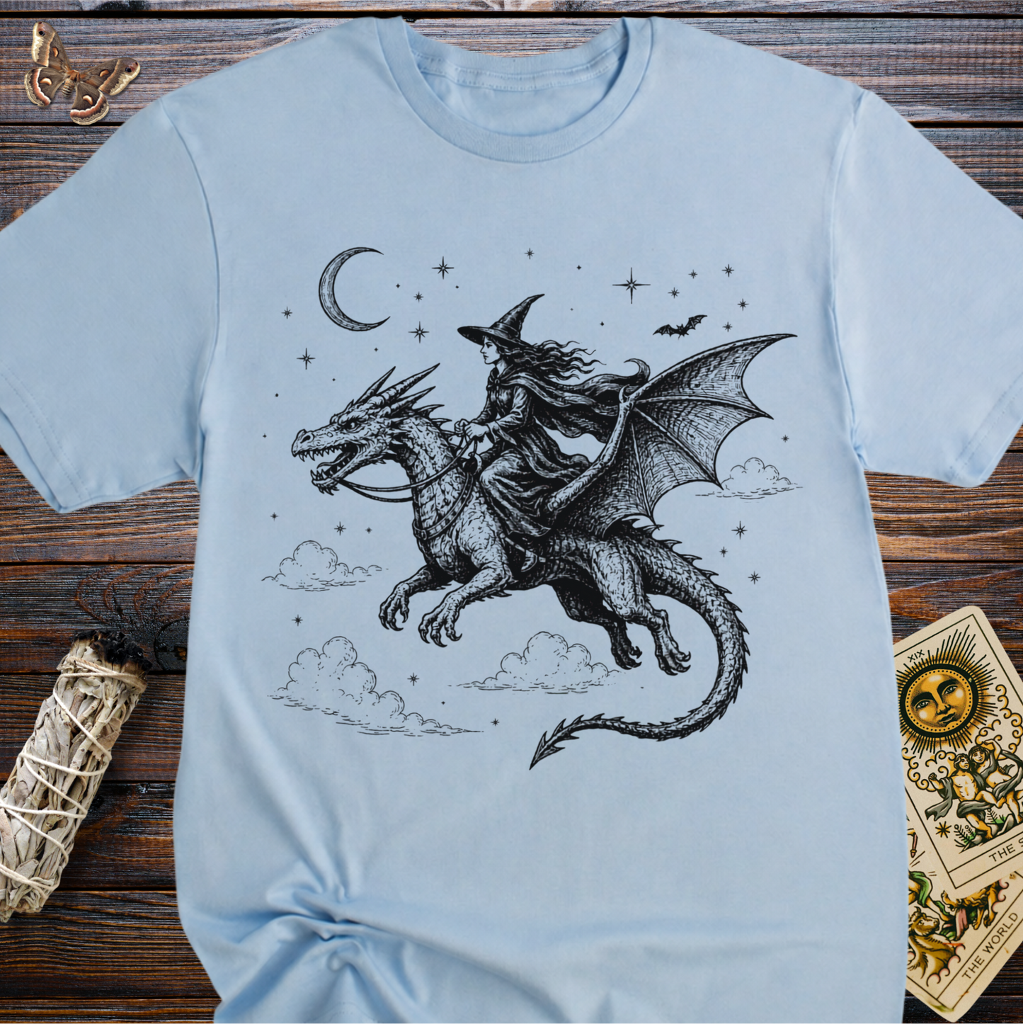 Witch Riding Dragon T-Shirt | Fantasy Witchcore Gothic Dragon Rider Tee