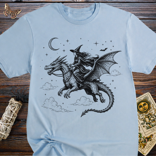 Witch Riding Dragon T-Shirt | Fantasy Witchcore Gothic Dragon Rider Tee