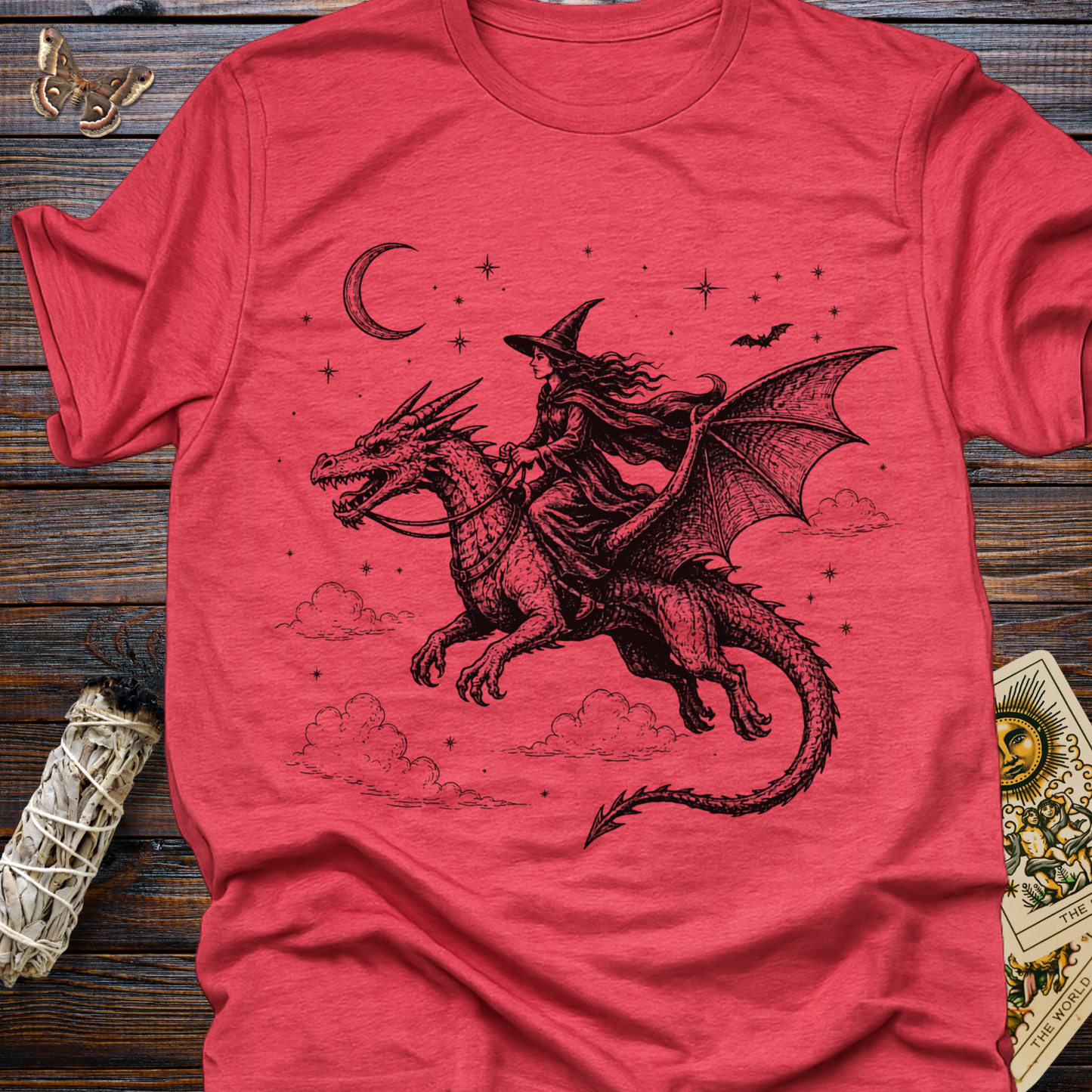 Witch Riding Dragon T-Shirt | Fantasy Witchcore Gothic Dragon Rider Tee