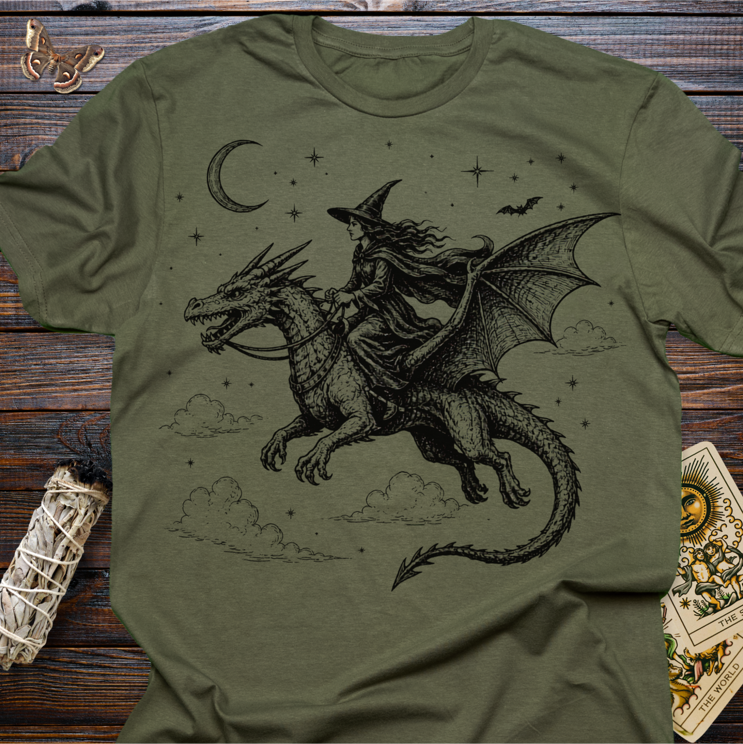 Witch Riding Dragon T-Shirt | Fantasy Witchcore Gothic Dragon Rider Tee