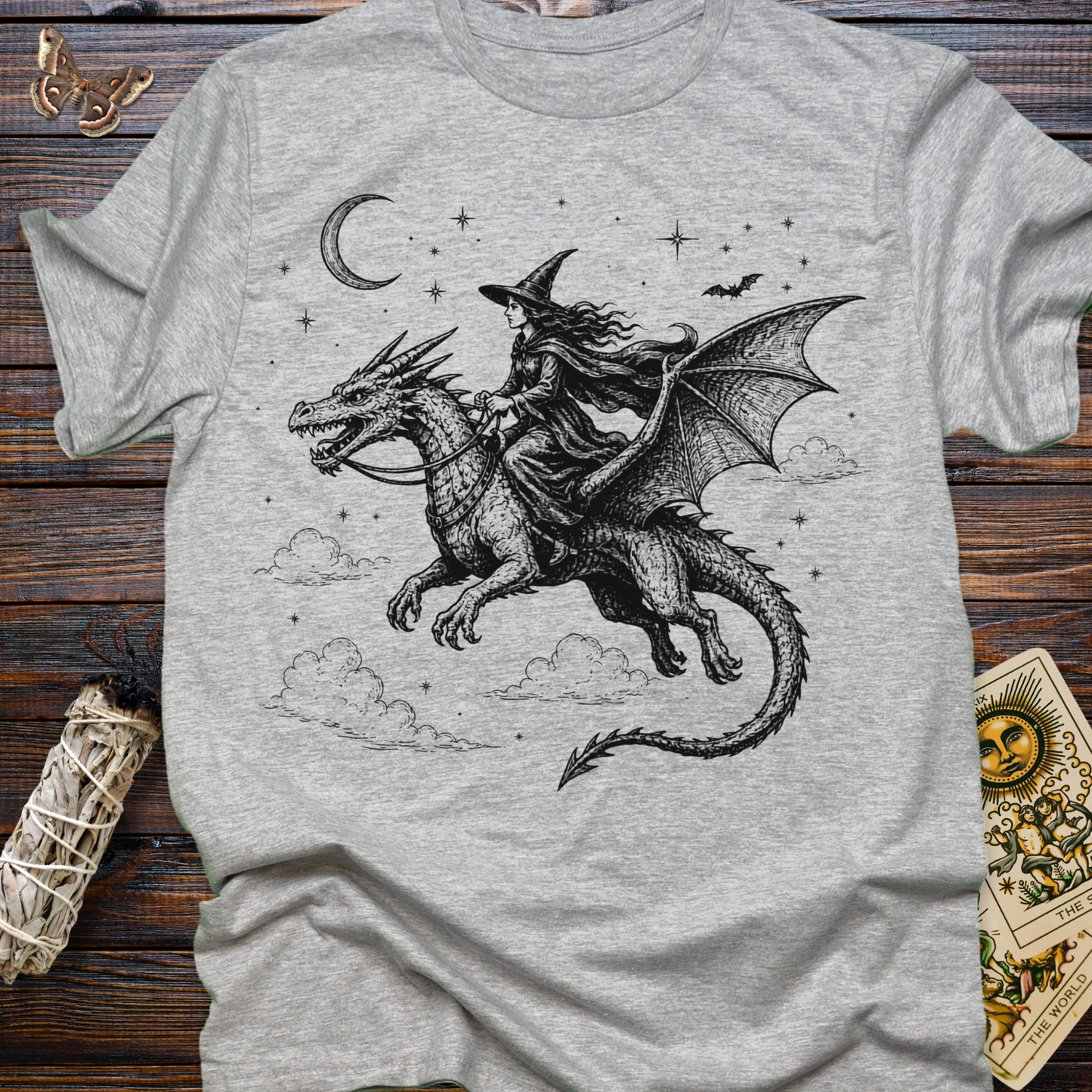 Witch Riding Dragon T-Shirt | Fantasy Witchcore Gothic Dragon Rider Tee