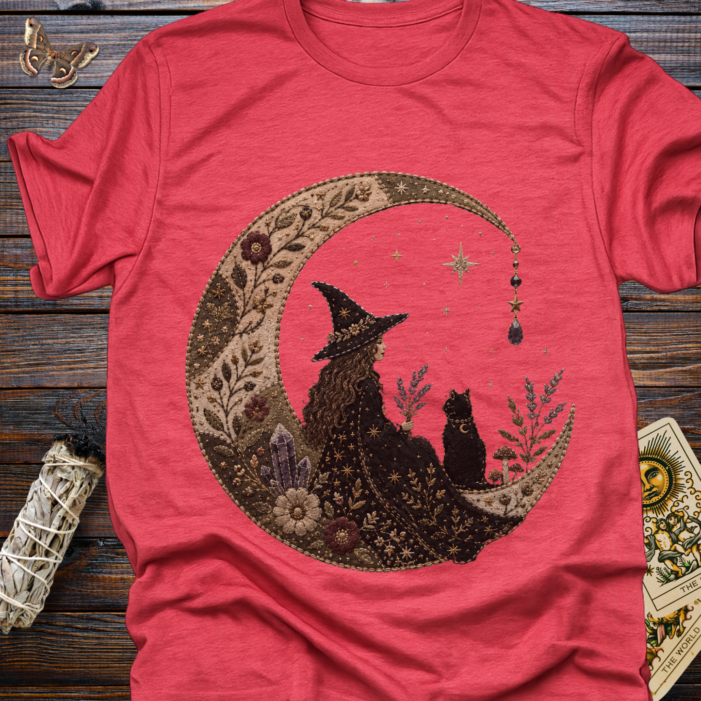 Faux Embroidered Moon Witch & Black Cat T-Shirt | Witchcore Celestial Graphic Tee