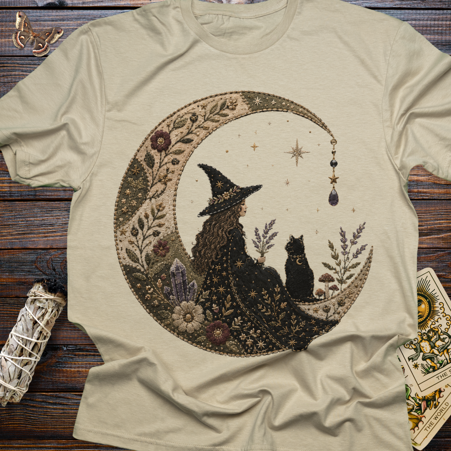 Faux Embroidered Moon Witch & Black Cat T-Shirt | Witchcore Celestial Graphic Tee