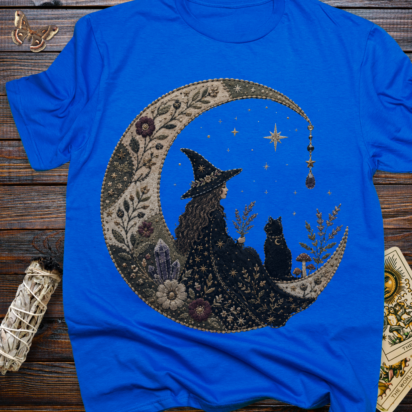 Faux Embroidered Moon Witch & Black Cat T-Shirt | Witchcore Celestial Graphic Tee