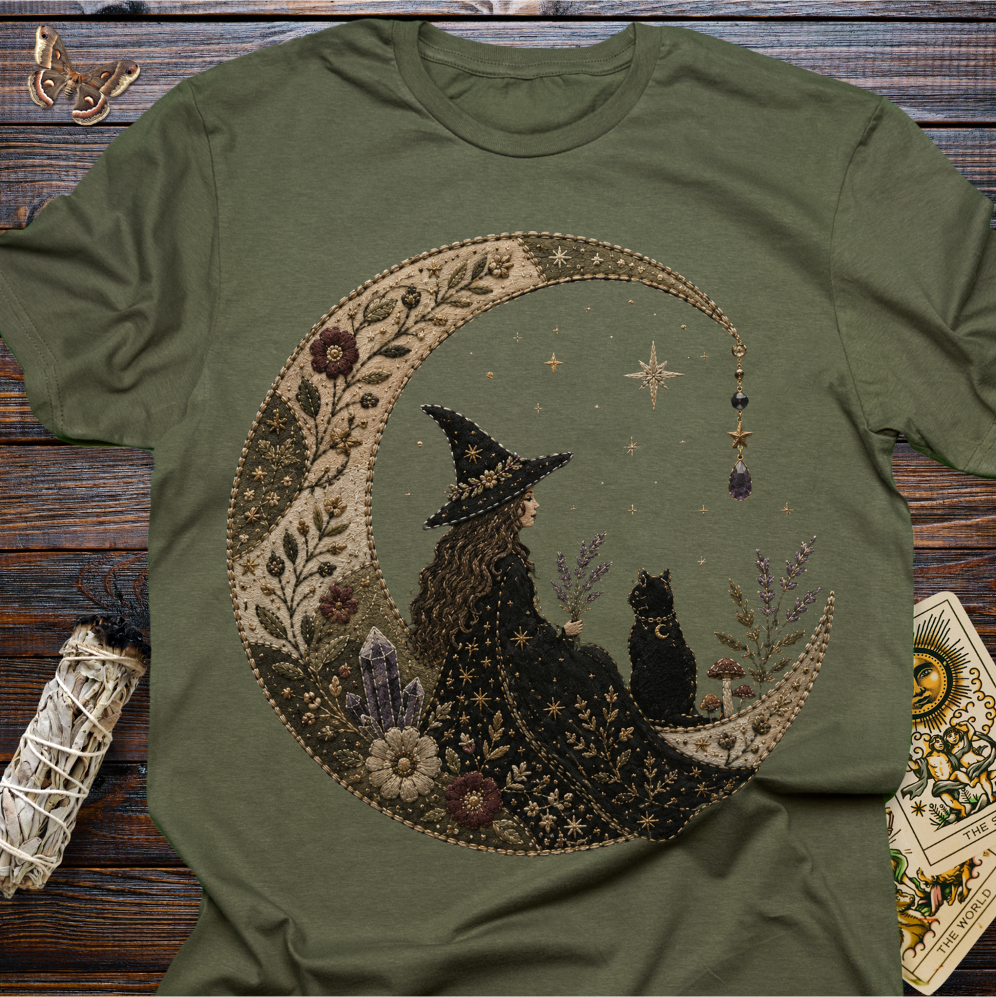 Faux Embroidered Moon Witch & Black Cat T-Shirt | Witchcore Celestial Graphic Tee