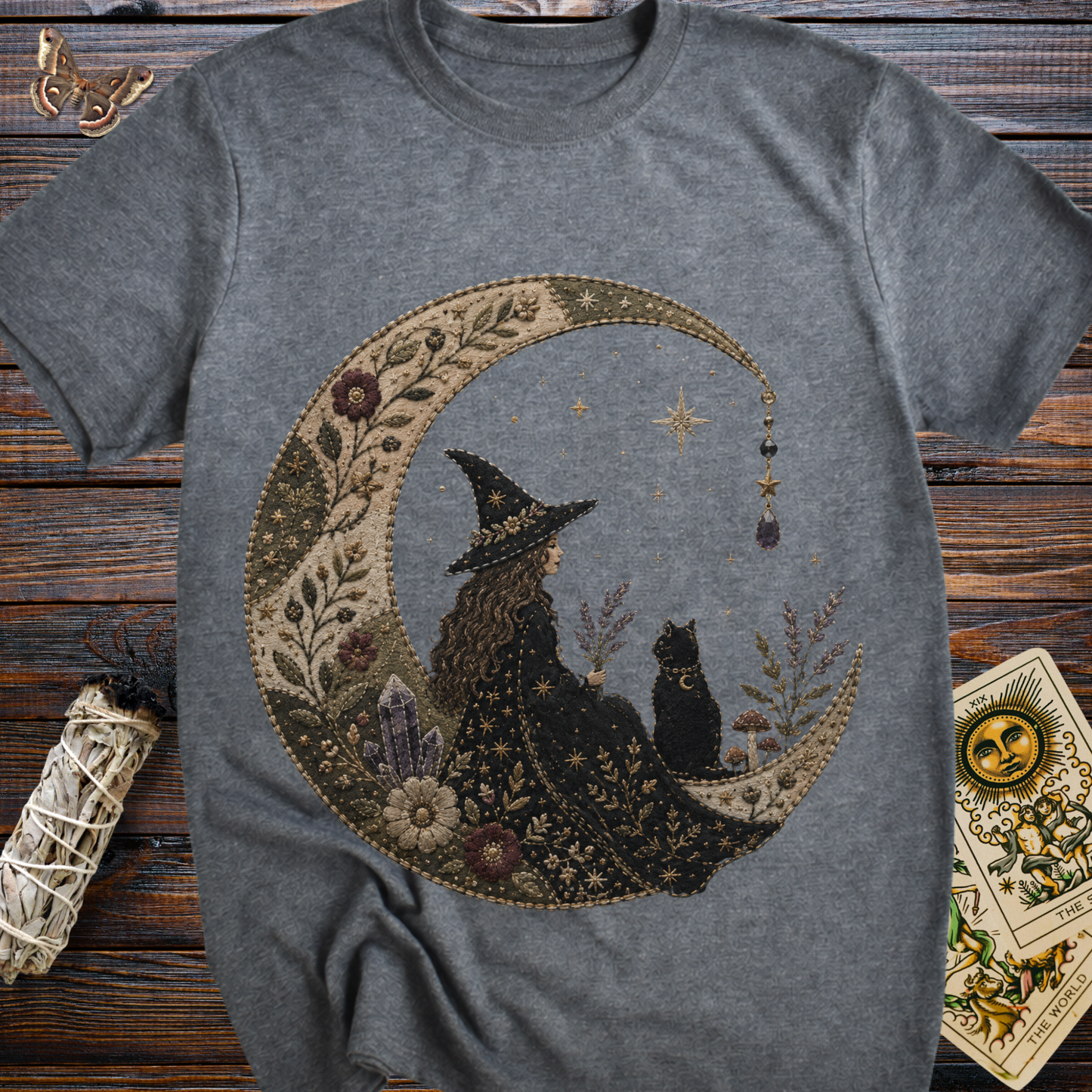 Faux Embroidered Moon Witch & Black Cat T-Shirt | Witchcore Celestial Graphic Tee