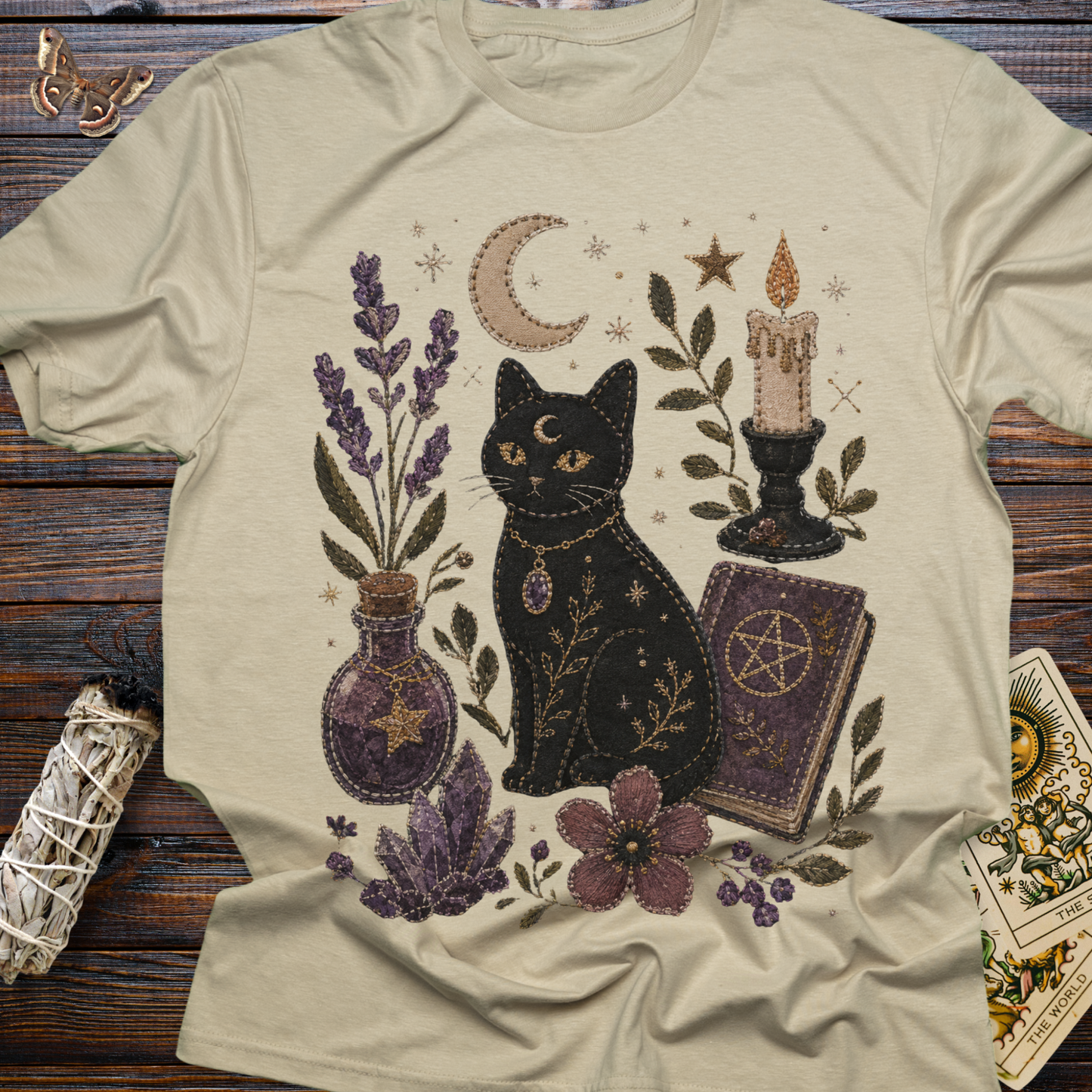 Faux Embroidery Black Cat Witch Shirt | Witchy Cat & Crystal Graphic Tee