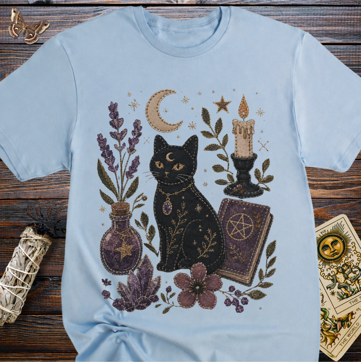 Faux Embroidery Black Cat Witch Shirt | Witchy Cat & Crystal Graphic Tee