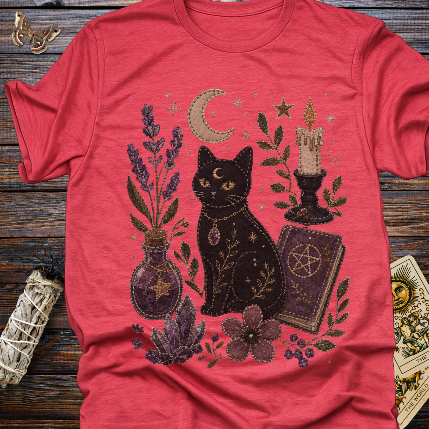Faux Embroidery Black Cat Witch Shirt | Witchy Cat & Crystal Graphic Tee