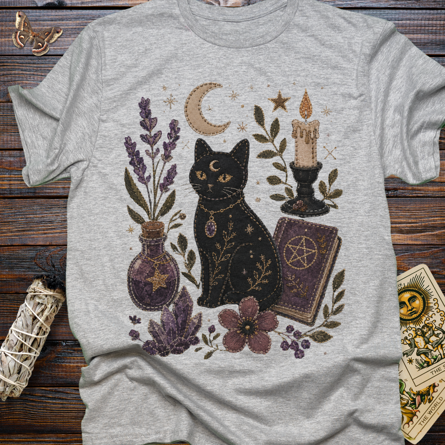Faux Embroidery Black Cat Witch Shirt | Witchy Cat & Crystal Graphic Tee