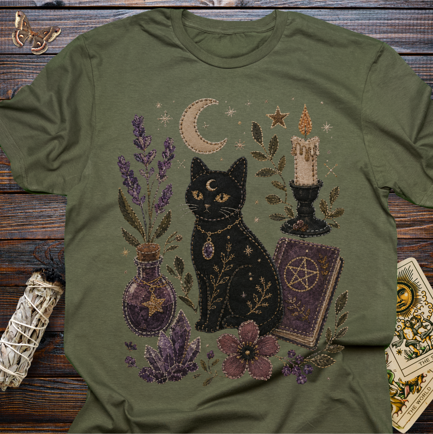 Faux Embroidery Black Cat Witch Shirt | Witchy Cat & Crystal Graphic Tee
