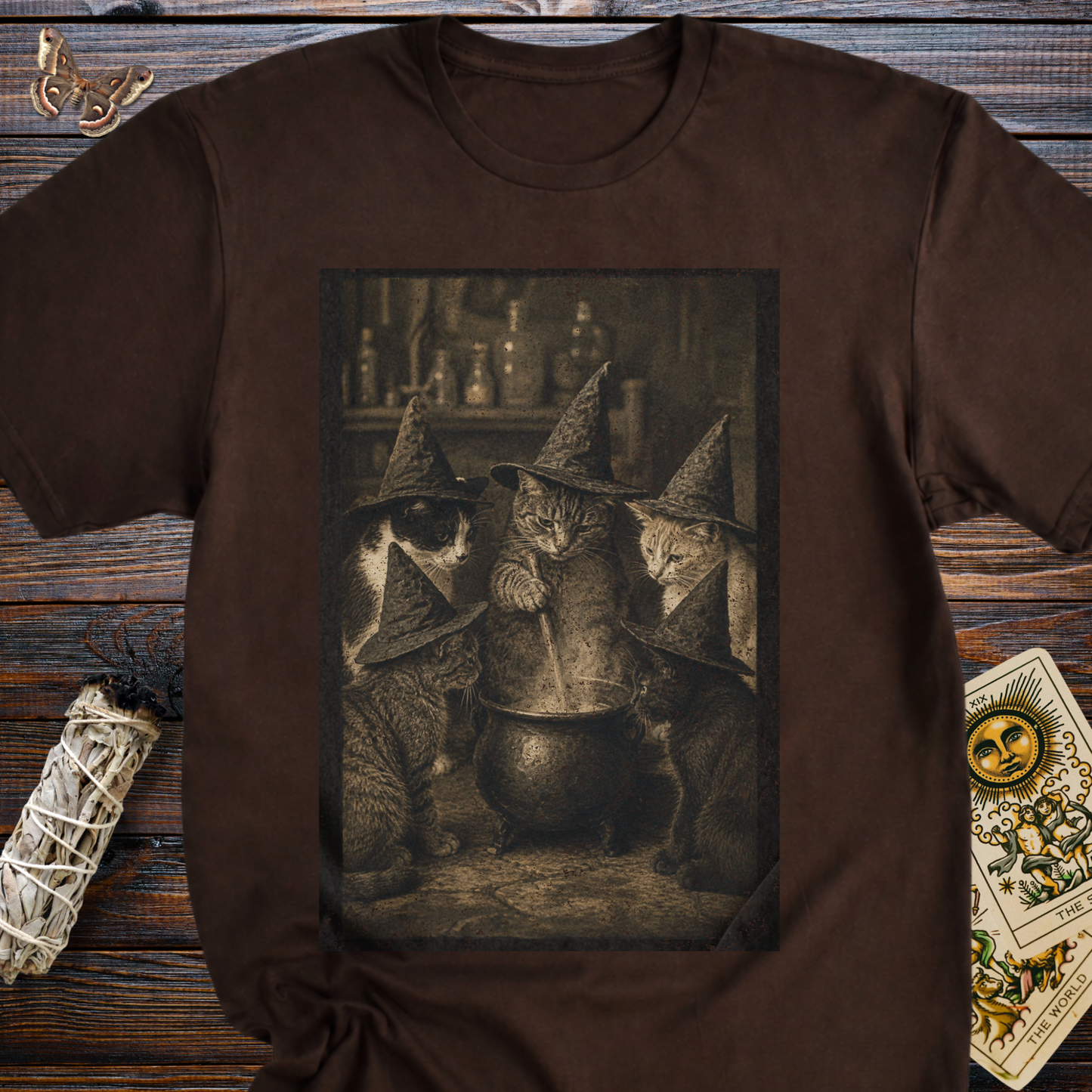 Witch Cats Around a Cauldron Shirt | Vintage Witchy Cat Familiar Graphic Tee