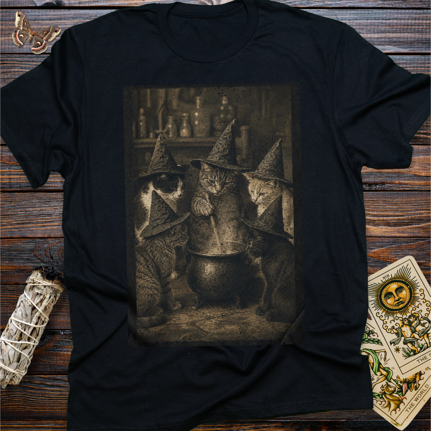 Witch Cats Around a Cauldron Shirt | Vintage Witchy Cat Familiar Graphic Tee