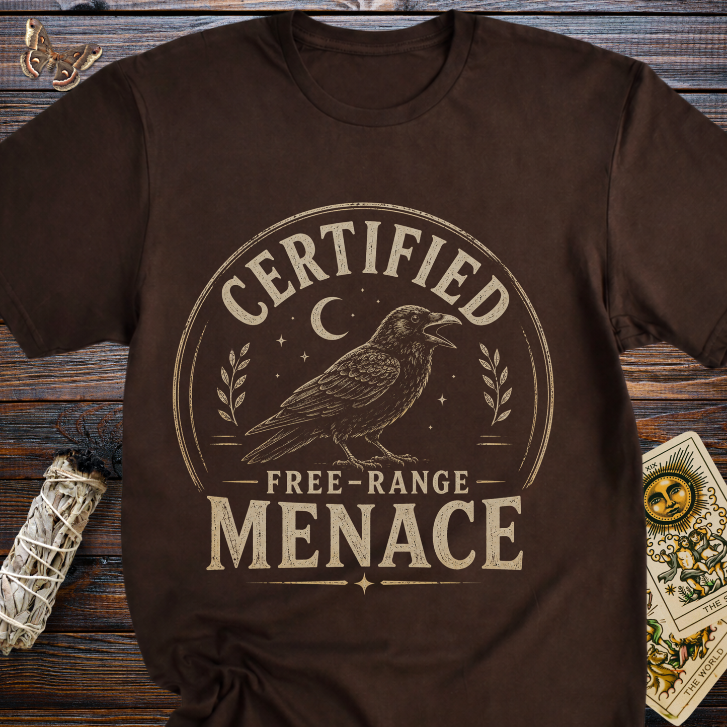 Certified Free-Range Menace Raven Shirt | Funny Witchy Graphic Tee