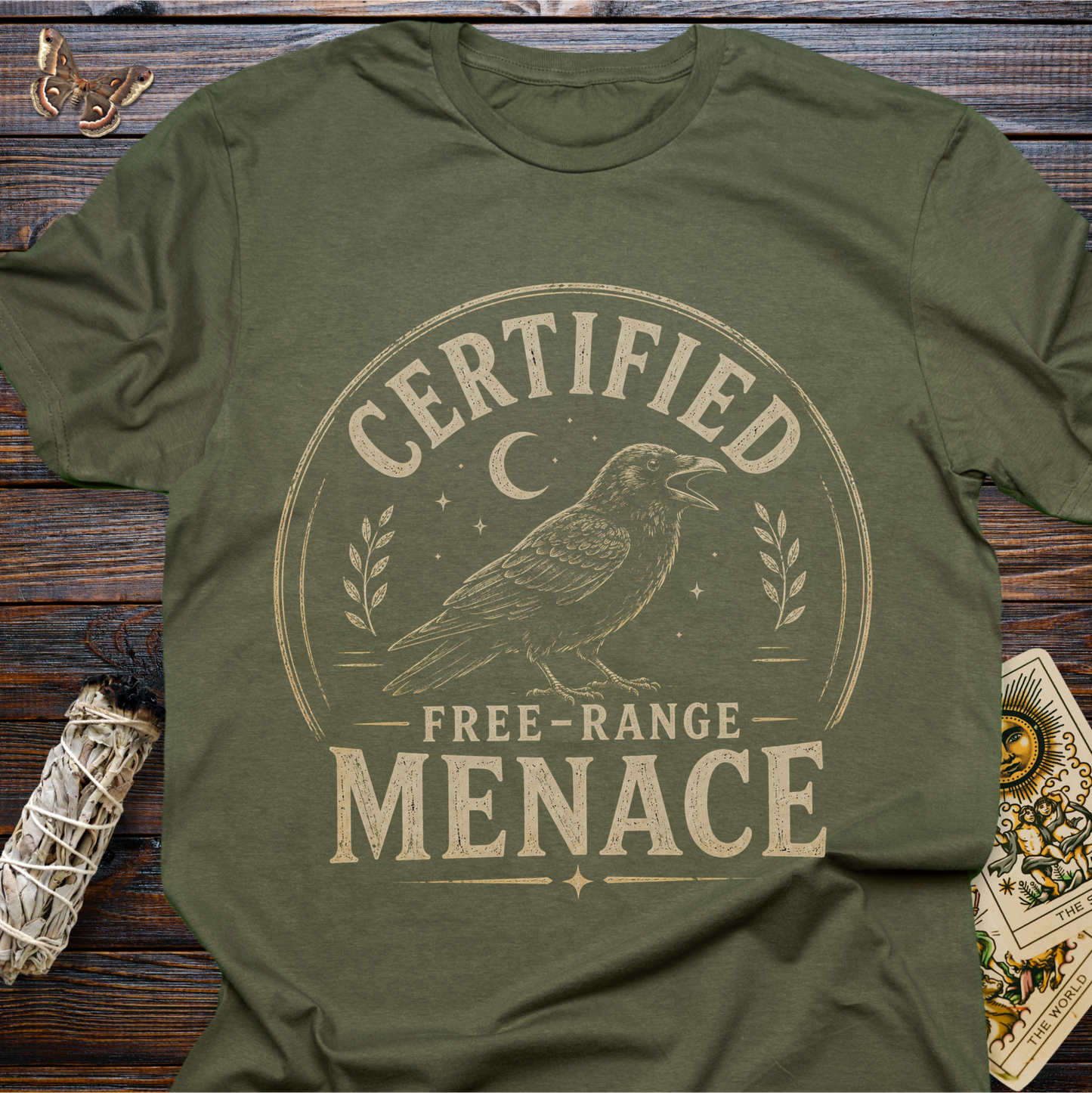 Certified Free-Range Menace Raven Shirt | Funny Witchy Graphic Tee