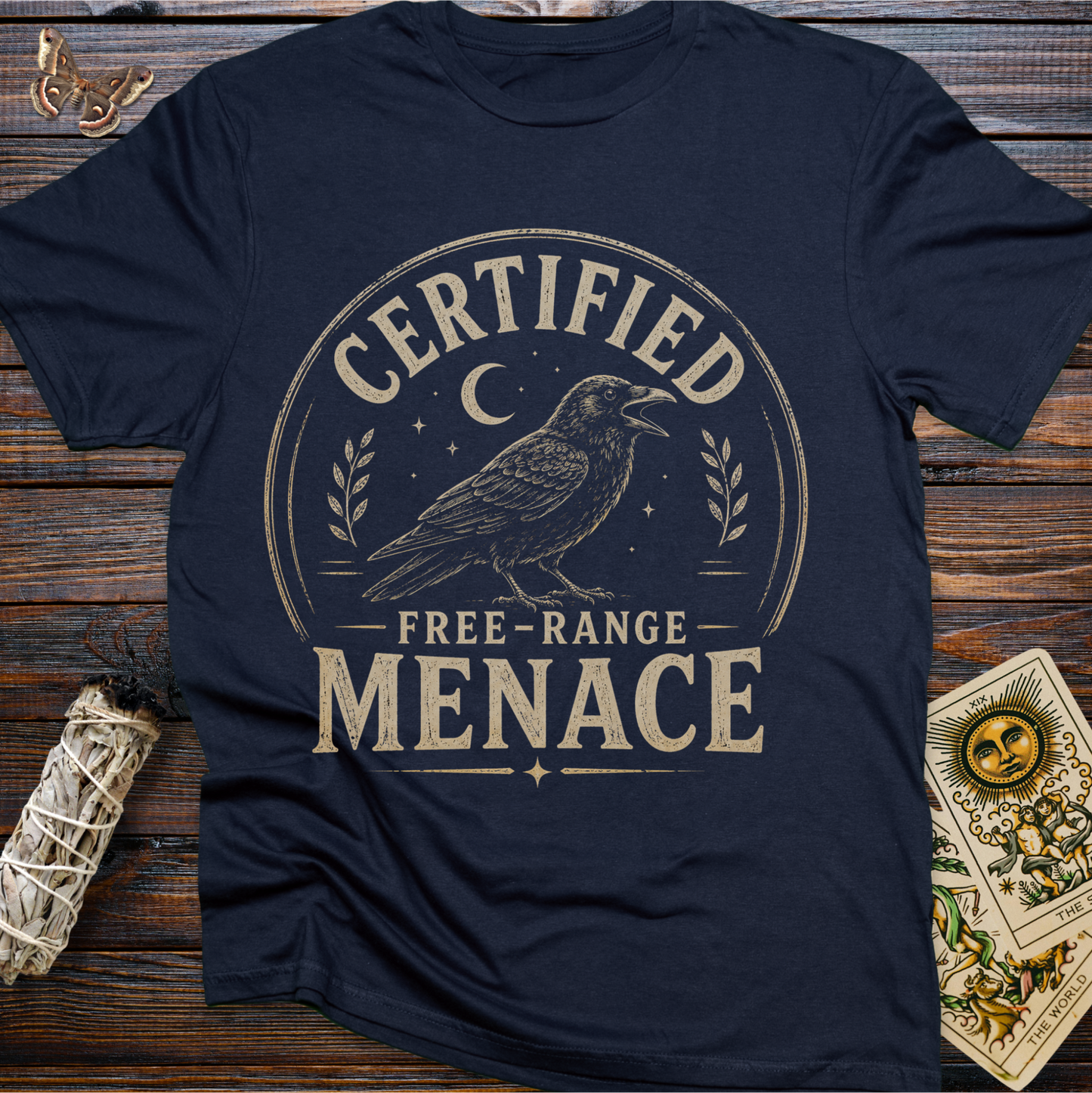Certified Free-Range Menace Raven Shirt | Funny Witchy Graphic Tee