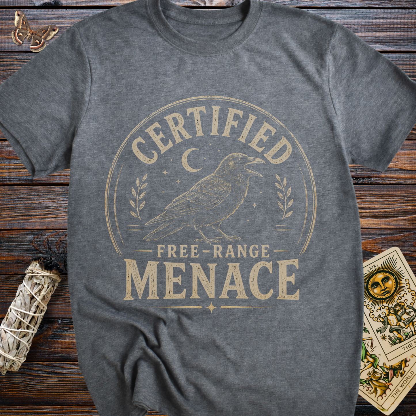 Certified Free-Range Menace Raven Shirt | Funny Witchy Graphic Tee