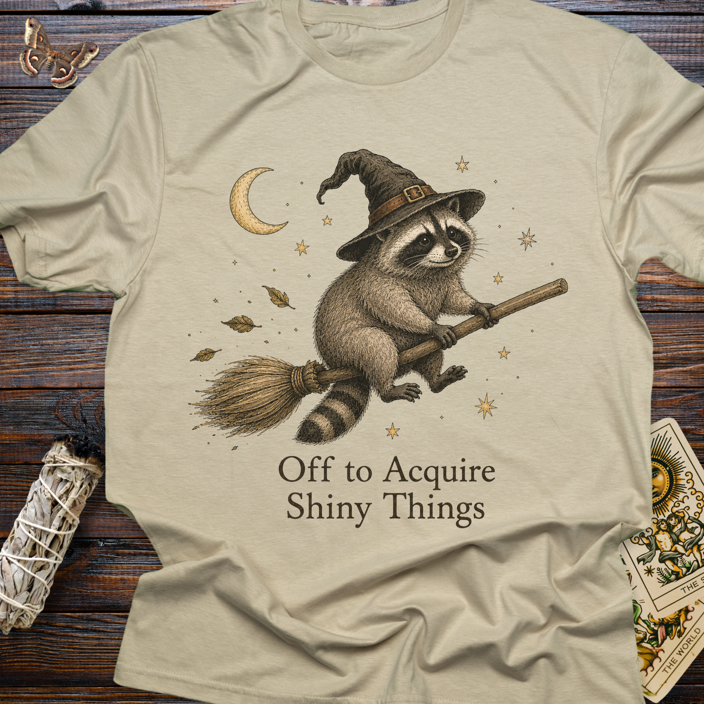 Off to Acquire Shiny Things Raccoon Witch Shirt | Funny Graphic Tee