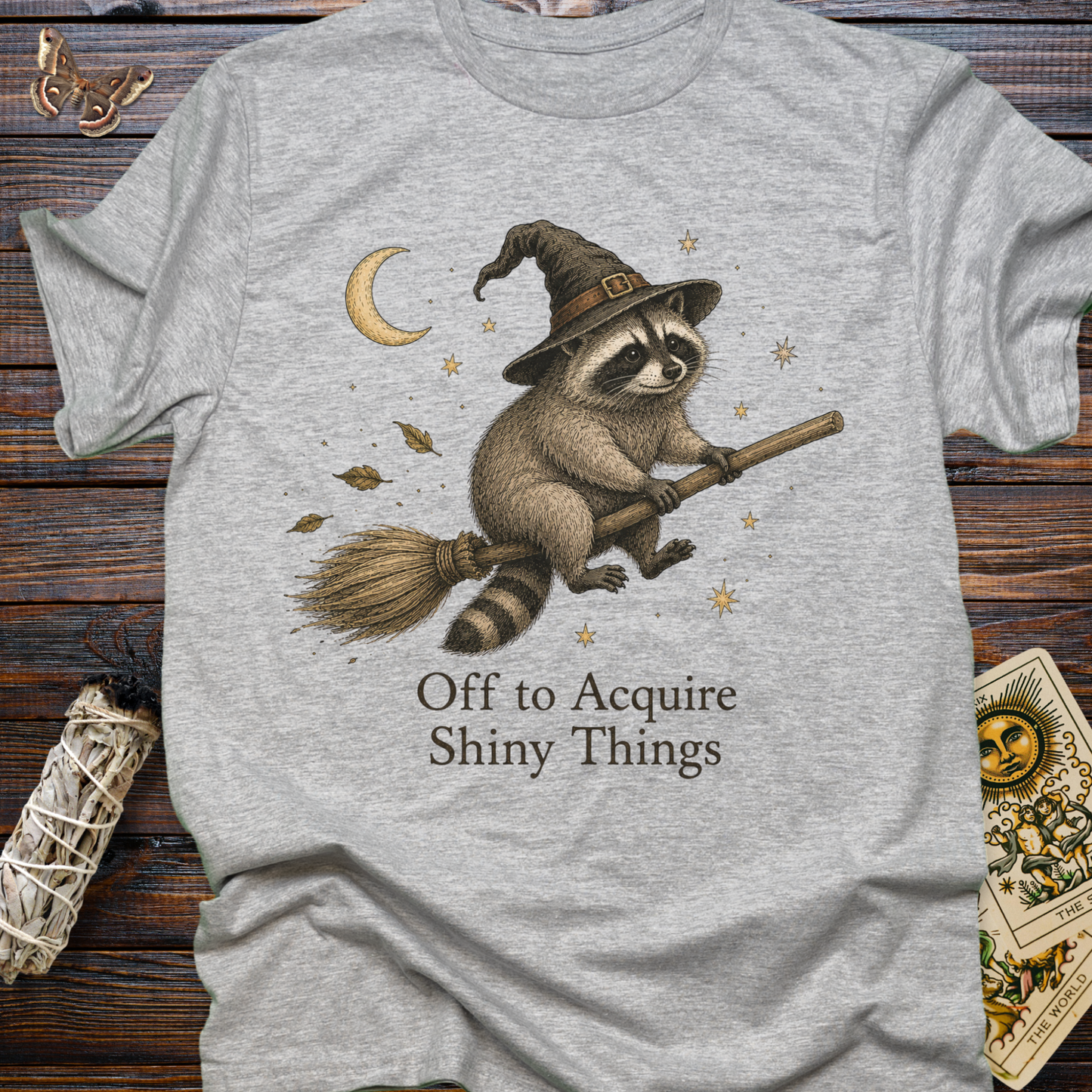Off to Acquire Shiny Things Raccoon Witch Shirt | Funny Graphic Tee