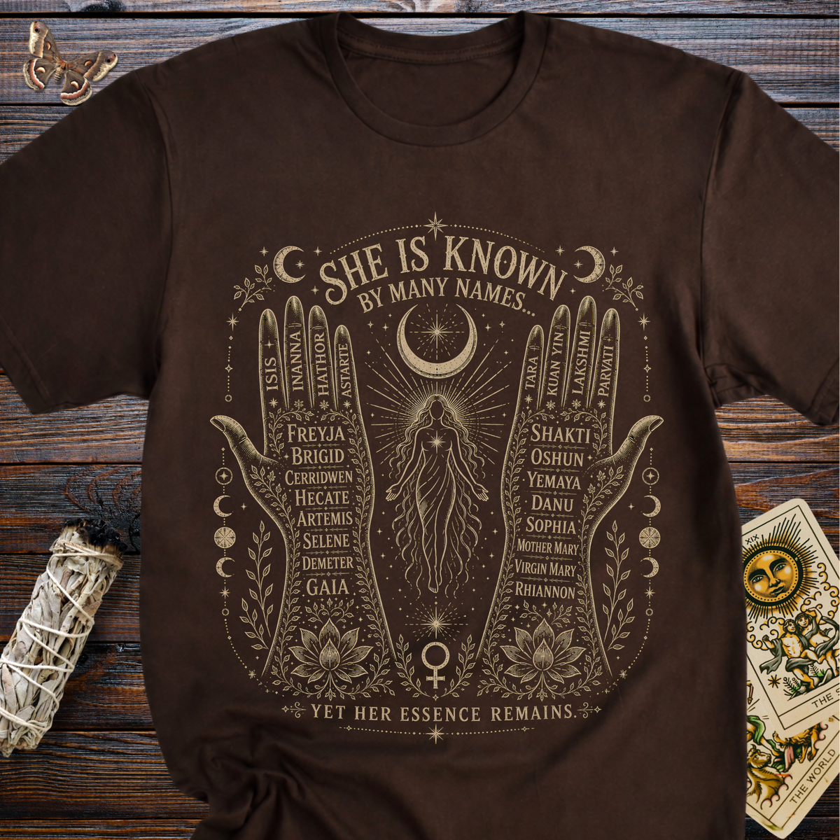 She Is Known By Many Names T-Shirt | Goddess Names Sacred Feminine Graphic Tee for Women
