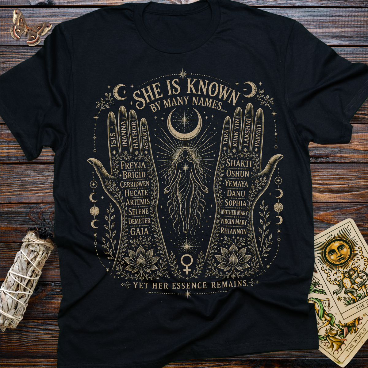 She Is Known By Many Names T-Shirt | Goddess Names Sacred Feminine Graphic Tee for Women