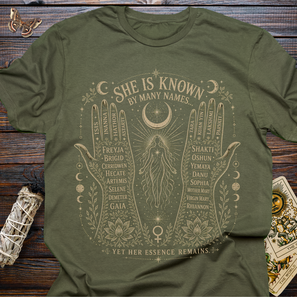 She Is Known By Many Names T-Shirt | Goddess Names Sacred Feminine Graphic Tee for Women