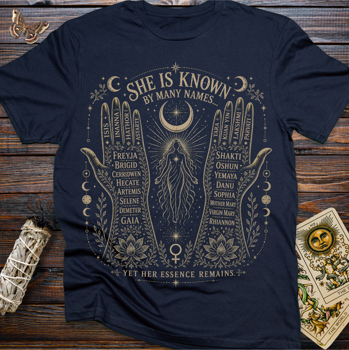 She Is Known By Many Names T-Shirt | Goddess Names Sacred Feminine Graphic Tee for Women